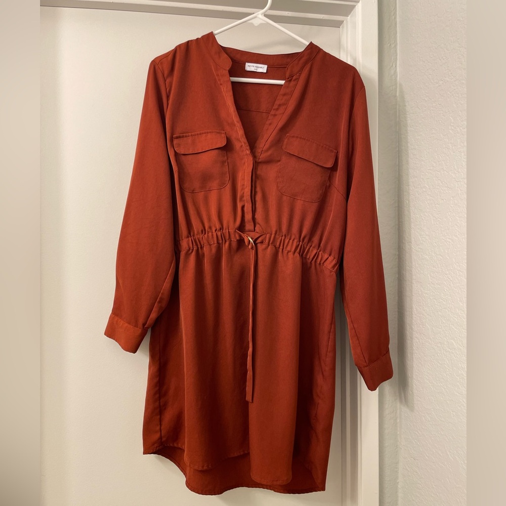 Burnt Orange/Rust Petite Assembly Belted Long Sleeve Autumn Dress